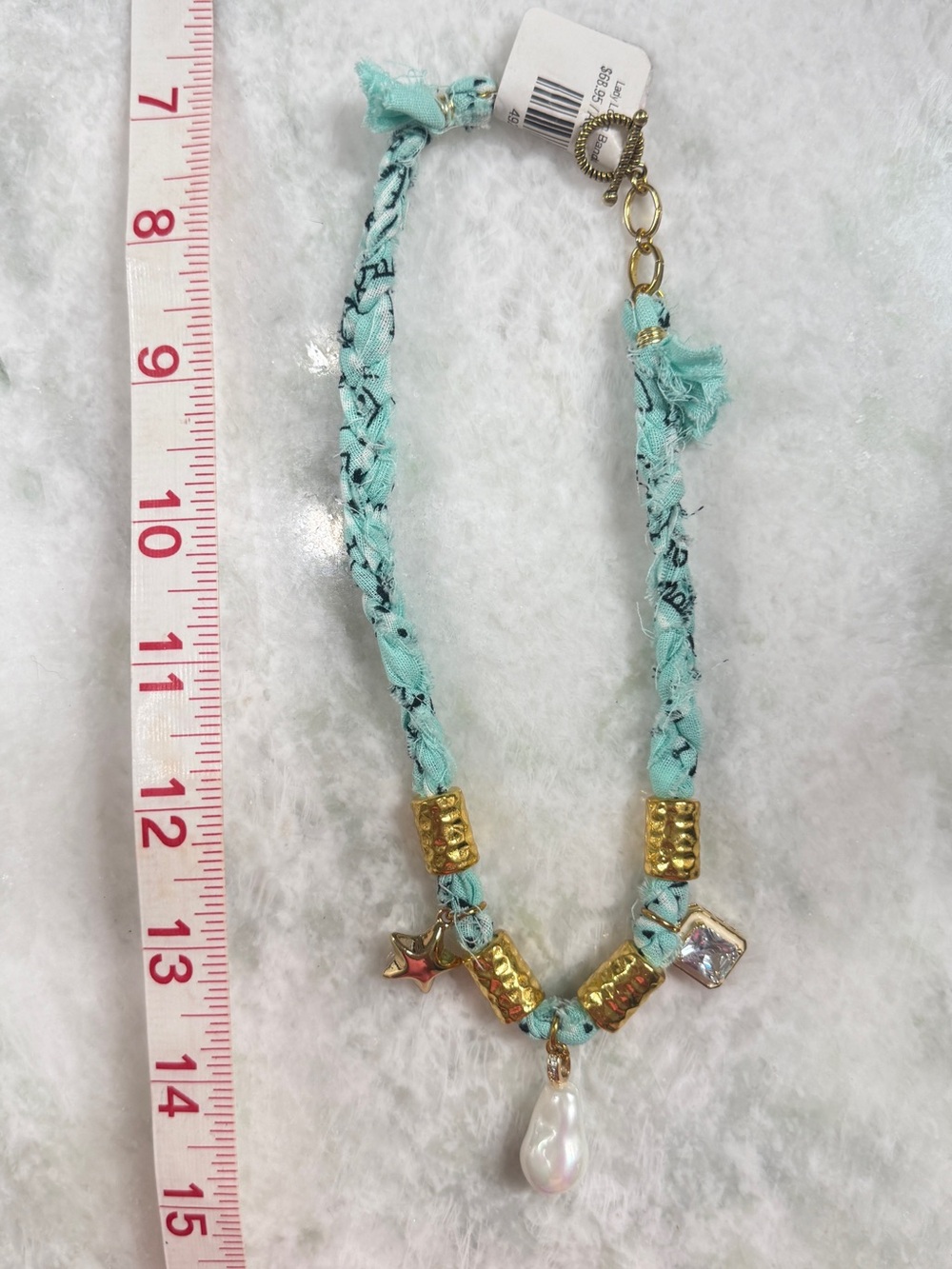 Turquoise Braided Fabric Necklace with Pearl Drop and Gold Accents